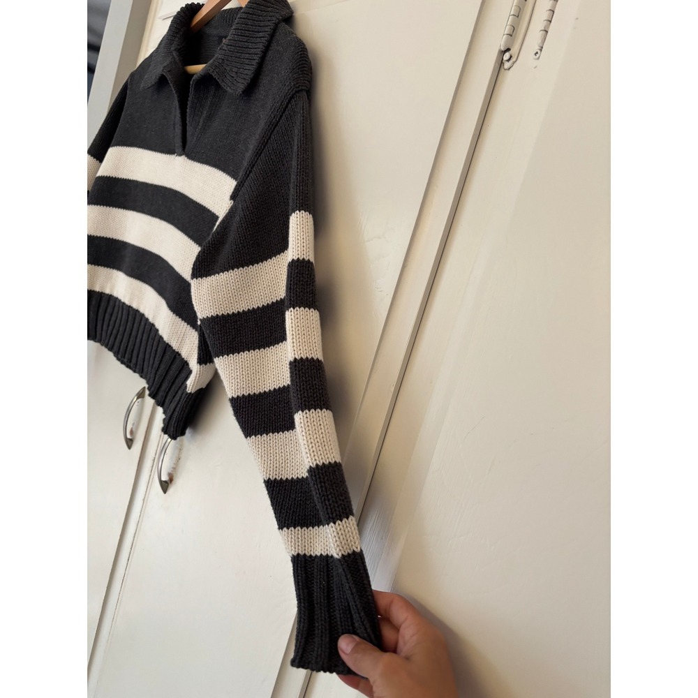 Quince Organic Cotton Striped Polo Sweater Charcoal Ivory XS Cropped V-Neck - Picture 3 of 10